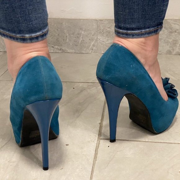 Qupid Teal Green Peep Toe Heels 8 1/2 - Picture 3 of 7